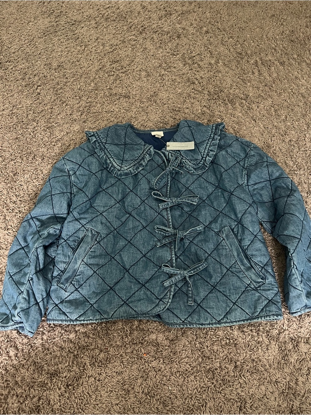 Maeve Quilted Denim Jacket with Ruffled Collar - Blue